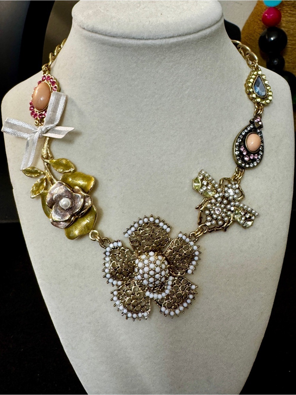Gold-Tone Floral Statement Necklace with White and Peach Accents - Picture 1 of 6